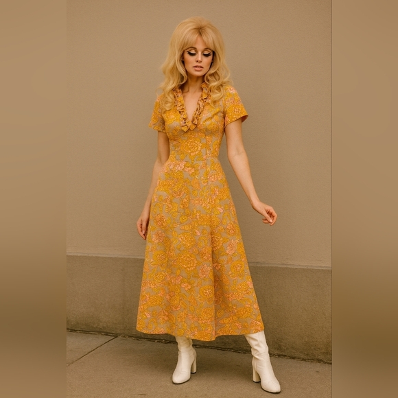 Handmade Dresses & Skirts - Vintage 70's Handmade Floral Maxi Dress Size S/M Short Sleeve Ruffle Neckline